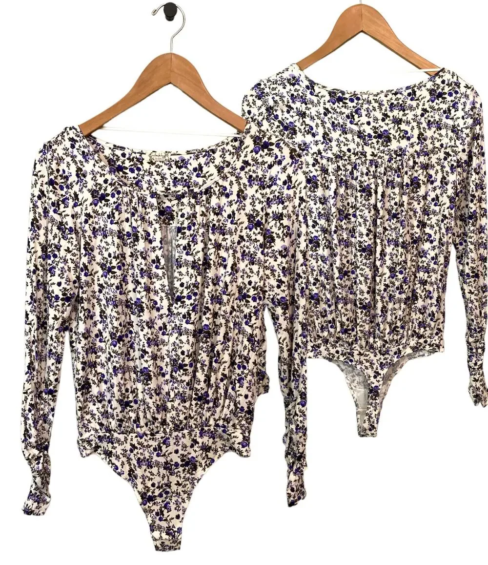 NWOT Intimately Free People XS Purple Floral V Neck Cutout Bodysuit Cottagecore